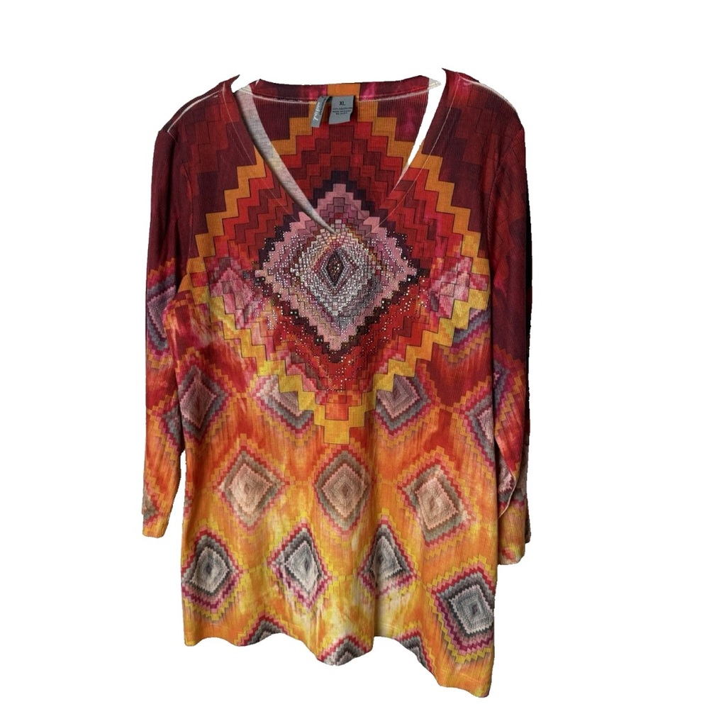 New Directions Top Size Large Shirt V-Neck 3/4 Sleeves Bling Front Southwestern